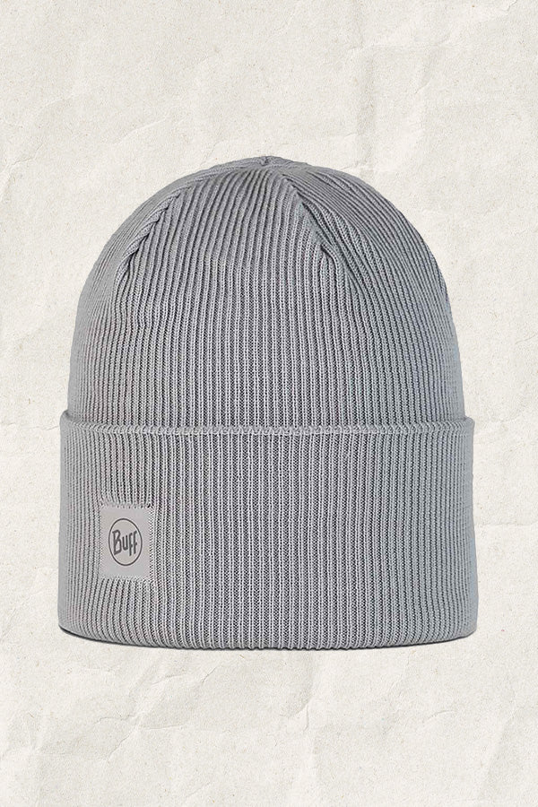 Grey ribbed knit beanie with Buff logo patch on a neutral background.