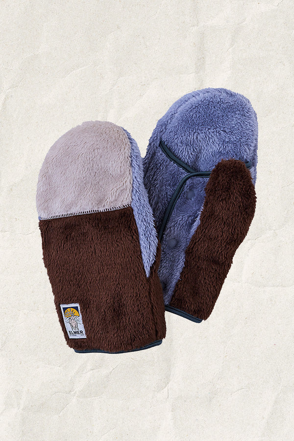 Pair of fluffy colour-block mittens in lavender, blue and brown with adjustable wrist straps.