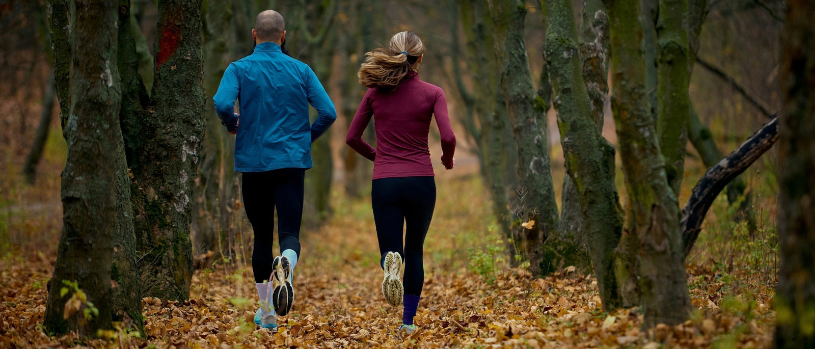 Two trail runners seen from behind moving together along a wide leaf-covered trail through an autumnal woodland, wearing long-sleeve tops and running tights.